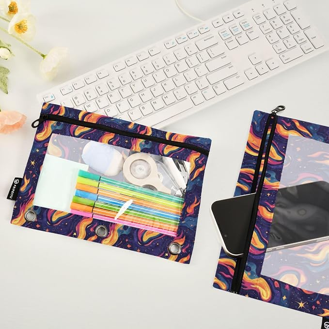Binder Pencil Pouches Y2k Style with Fires Pen Case | Clear Window 3 Rings, Cosmetic Bags School Office Supplies Cosmetic Makeup Bag 2 Psc