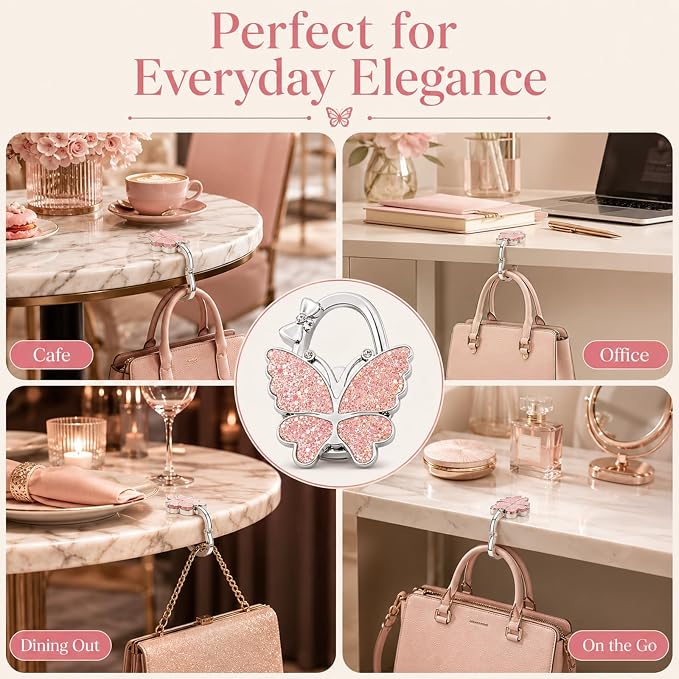 Purse Hook for Table, Foldable Handbag Hanger for Women, Portable Bag Holder with Non-Slip Base, Cute Bling Pink Glitter Butterfly Purse Table Hook for Restaurant Office Travel Gift