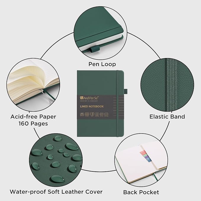 &And Per Se Lined Notebooks Bulk 5-Pack, A5 Hardcover Journal, 160 Pages 100gsm Thick Paper, Classroom Supplies for Students, Teachers, College Ruled Notebooks for School Office (Green)