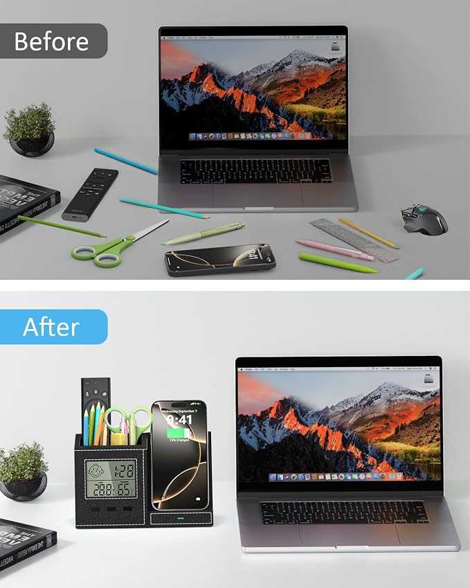 Desk Organizer with Wireless Charger, Digital Clock, Thermometer & Hygrometer - Multi-Functional Pencil Holder, Office Desk Accessories Storage Caddy for Home, Office, Men, Women (Battery Included)