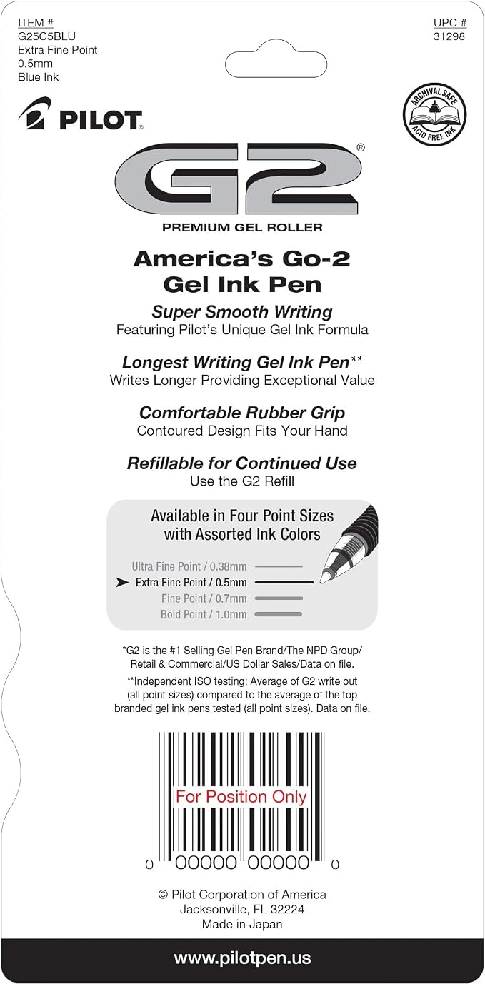 Pilot G2 Premium Refillable and Retractable Rolling Ball Gel Pens, Extra Fine Point, Gel Ink Pens, 0.5mm, Blue Ink, 5-Pack