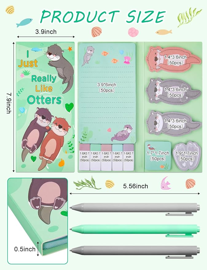 Cute Cartoon Otters Sticky Notes Teacher Appreciation Gift, Blackboard Self-Stick Note Pads with 3 Point Pens, Self-Adhesive Writing Memo Pages Back to School Office Supplies Small Gift