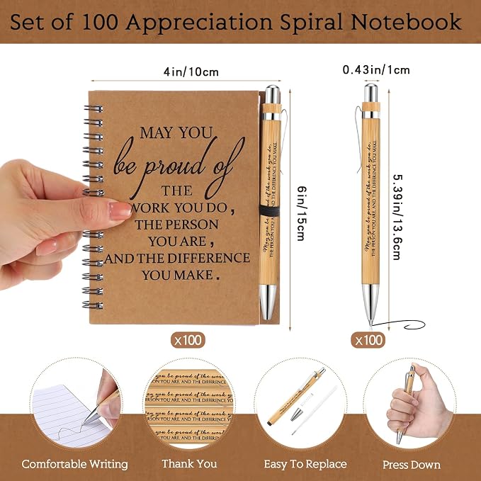 Honoson 100 Sets Back to School Gifts Bulk Employee Appreciation Notebooks with Ballpoint Pens Mini Spiral Inspiration Journals Thank You Gifts for Group Coworker Staff