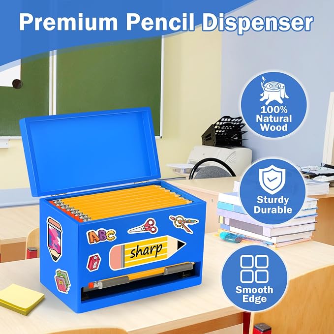 YEGEER Pencil Dispenser for Classroom, Wooden Pencil Holder, Classroom Teacher Must Have, Pencils Straws Organization & Storage for Classroom Office Kitchen Restaurant (blue)