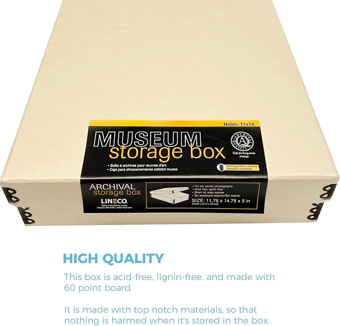 Lineco Museum Archival Storage Box, Drop Front, 11.75x14.75x3 in, Tan | Acid-Free with Metal Edge, Preserves Picture Longevity, Organize Photos, Newspapers, Prints, Documents, Crafts, DIY
