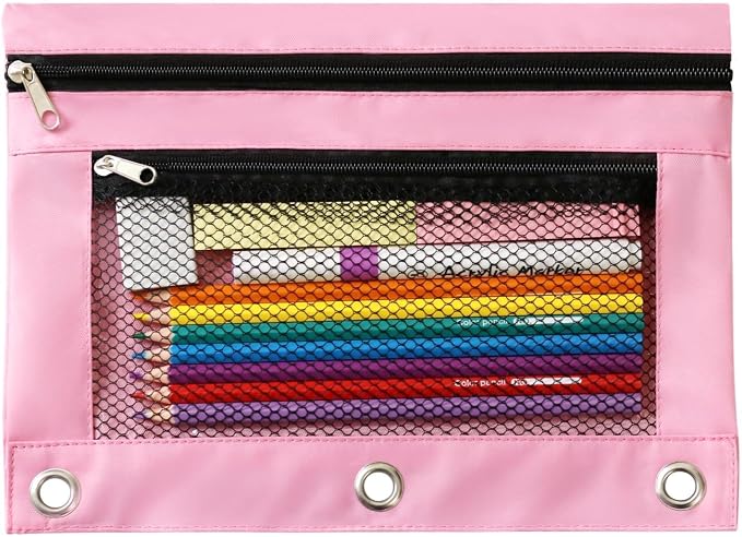 3 Ring Binder Pencil Pouch - Oxford Fabric Pencil Case with 2 Zippered Pockets, Clear Mesh Window Pencil Bag, B5 Size for Office & Travel Supplies (Pink)