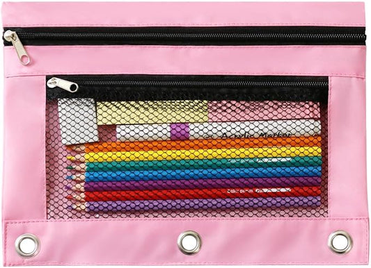 3 Ring Binder Pencil Pouch - Oxford Fabric Pencil Case with 2 Zippered Pockets, Clear Mesh Window Pencil Bag, B5 Size for Office & Travel Supplies (Pink)