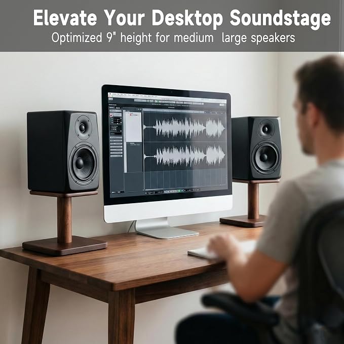 Desktop Speaker Stands Made of Pure Solid Wood, Natural Style, 360° Rotatable Top Plate, Suitable for Medium/Large Tabletop Speakers and Studio Monitors (Natural Oak_DSS9(9 inch))