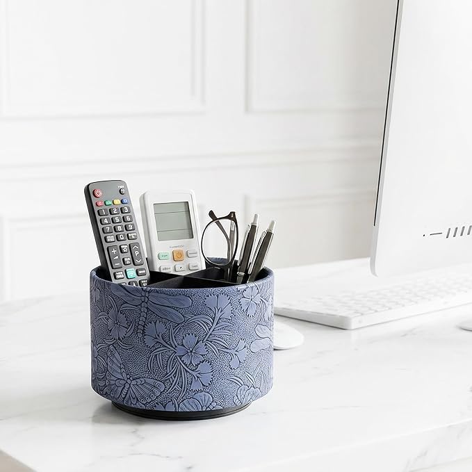 Round Leather Art Supply Organizer,Remote Control Holder,360-degree Rotating Pen Organizer with 4 Compartments(1-Butterfly Blue2)