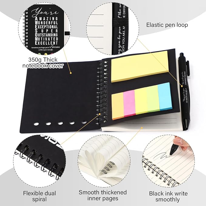 Jetec 20 Pcs/10 Sets Back to School Teacher Gifts Motivational Spiral Notebook with Sticky Notes Pen Bulk Inspirational Journals Thank You Gift for Employee Coworker Birthday Party (Black)