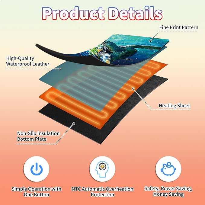 Heated Desk Pad Large Mouse Pad 31.5 x 13 inch with 3 Levels Heating & Auto Shut-Off Warm Mouse pad PU Leather Computer Mousepad for Home Office Work - Colorful Turtles