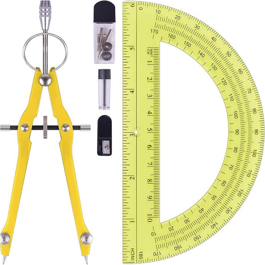 Unjoo Compass and Protractor Set, Math Compass for Geometry (Yellow) | Professional Drawing Compass Tool, Metal Compass with Extra Refills, 6 Inch Math Protractors 180 Degree, For School, Office