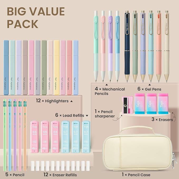 Cute Pencil Case With Supplies, 39 PCS Aesthetic Stationery Set with Pencil Pouch, 6 Black Ink Gel Pens, 12 Pastel Highlighters, 5 #2 HB Pencils, 4 Mechanical Pencils, Back to School Supplies - Beige