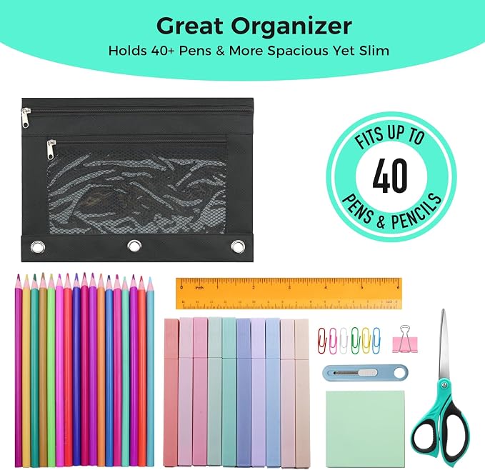 Pencil Pouch for 3 Ring Binder, Pencil Case with Zipper, 600D Fabric Pencil Pouch Bag Holder Accessories, Clear Window Pencil Case Aesthetic Back to School Organizer Pockets for Boy Girl (Black)