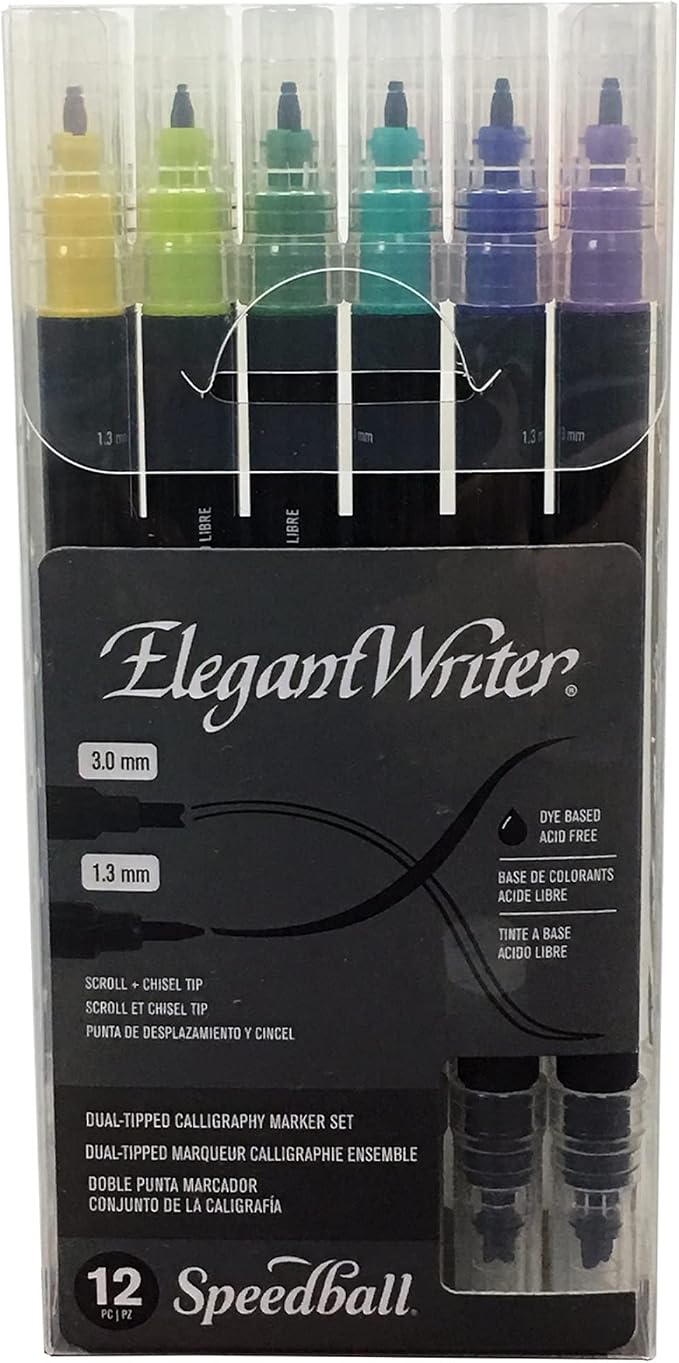 Speedball Elegant Writer Calligraphy 12 Marker Set, Assorted Colors, Dual-Tipped, 1.3 mm & 3.0 mm Chisel and Scroll Nib Pens for Drawing, Journaling, and Scrapbooking