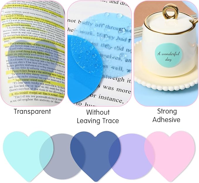 640 Sheets Cute Round Clear Sticky Tabs Transparent Sticky Notes Waterproof Clear Note Pads Bright Color Heart Strong Adhesive Post Book Markers Page Flags Stickers for Office School