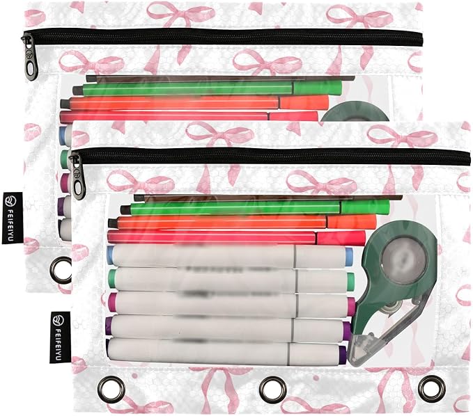 ALAZA Pencil Pouch for 3 Ring Binder, Cute Pinks Bow Binder Pencil Pouches with Clear Window Zipper Pencil Case Cosmetic Bags for Office College Supplies, 2PCS