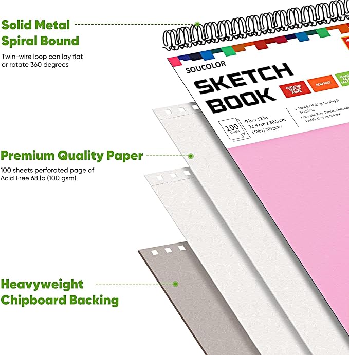 Soucolor Cute Sketch Book 9" x 12" Drawing Paper,Pink Teen Girls Sketchbook | 100 Sheets,68lb Acid-free paper,No Bleed-through,Micro-Perforated,Lay-Flat Top Spiral,Great Gift for Women,School Art