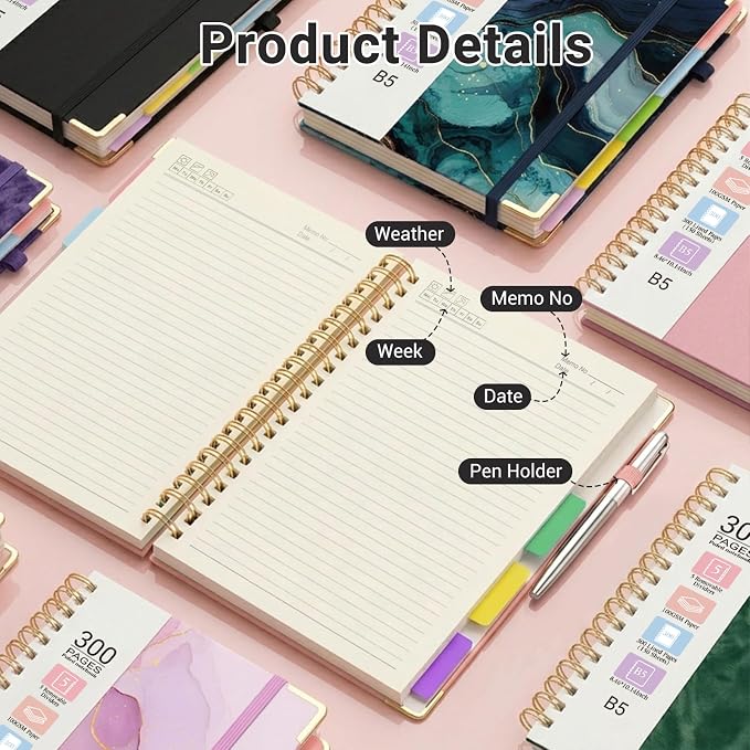 Hardcover Spiral Journal Notebook, 300 Pages 5 Subject Notebook College Ruled with Removable Dividers Tabs, 8" x 10" Notebooks for Work, Spiral Ruled Lined Writing Journal Hardcover Leather Notebook for School (Black Floral, 8''x 10'')