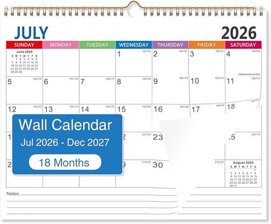 Wall Calendar 2026-2027 - 18 Month Wall Calendar july 2026-2027 Dec, 14" x 11", Thick Ppaer, Twin-Wire Binding, Home or Office Calendar for Easy Organizing