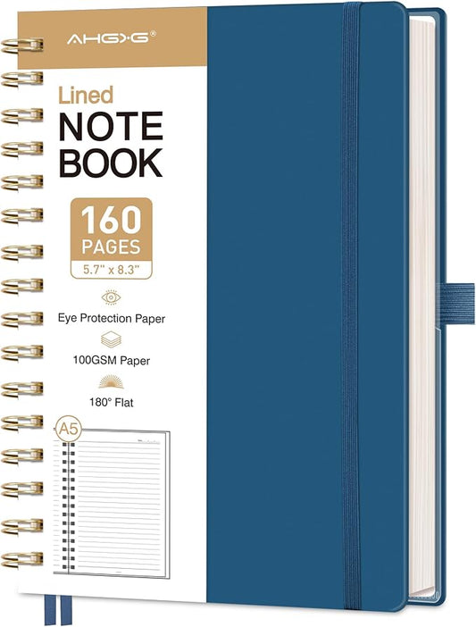 AHGXG Spiral Journal Notebook, 160 Lined Pages, A5 Size (5.7'' x 8.3'') | for Men & Women, Journaling, Writing, Work & Office, Hardcover, 100 GSM Thick Paper (Navy blue)