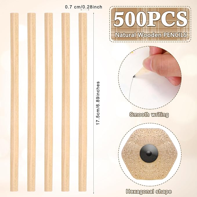Fumete 500 Pieces Wooden Pencils Bulk No Eraser Hexagonal HB Graphite Unsharpened Natural Wood Pencils Without Erasers Classroom Gifts for Students Bulk Goodie Bag Stuffers