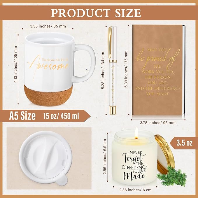 Sayglossy 4 Pcs Thank You Gift Set for Women Men Back to School Teacher Appreciation Gift Leather Notebook Inspirational Coffee Mug Scented Candle Ballpoint Pen for Employee Coworker Nurse Boss, White