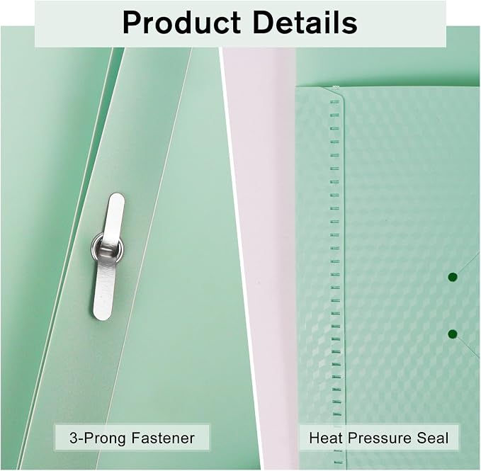 6-Pack Plastic andPockets and Prongs,2-Pocket and3 Fasteners, Pastel Folders Holds 8-1/2" x 11" Paper for School/Office/Home, Green