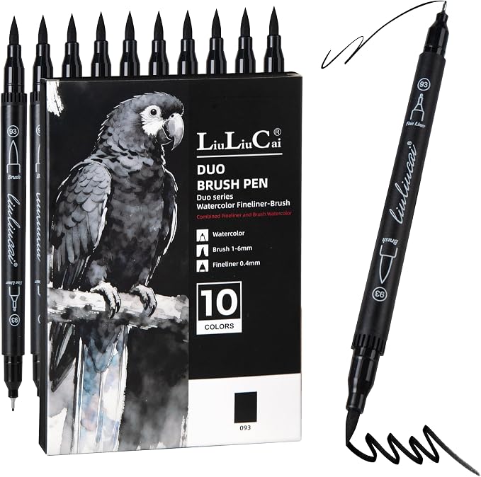 LIULIUCAI 10 Black Dual Tip Markers, Fine & Brush Tip Pens for Coloring | Jet Black Markers for Adult Coloring, Artist Drawing Pen for Journal Sketching Manga Calligraphy Illustration, No Bleeding