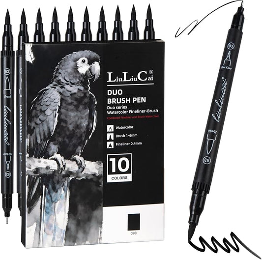 LIULIUCAI 10 Black Dual Tip Markers, Fine & Brush Tip Pens for Coloring | Jet Black Markers for Adult Coloring, Artist Drawing Pen for Journal Sketching Manga Calligraphy Illustration, No Bleeding