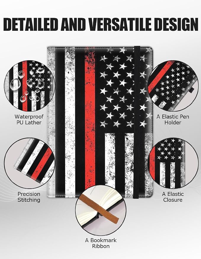 Hardcover Executive Notebooks, A5 PU Leather Lined Journal Notebook, 200 Pages Thick Paper Subject Notebooks for School,Work,Home Writing Business Notebook,Patriotic Firefighter Red Line Flag