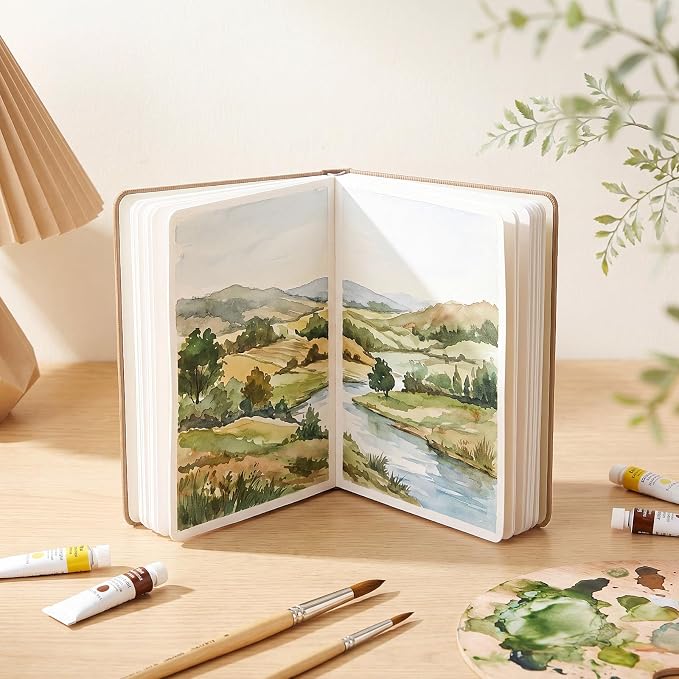 Dispowreath Watercolor Sketchbook 5.5" x 8.5" Suede Water Color Journal 24 Sheets 140lb/300g Cold Press Small Watercolor Sketchbook for Adults Mixed Media Drawing and Markers(Khaki)