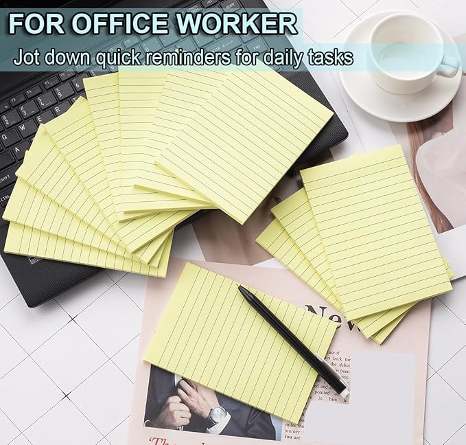 (12 Pack) Lined Sticky Notes 4x6 in,Yellow Large Notepads with Lines,Ruled Stickies Super Sticking Power,Office School Memo Note Pads,Post on Windows Doors,Recyclable,Easy to Write on,Hold Well