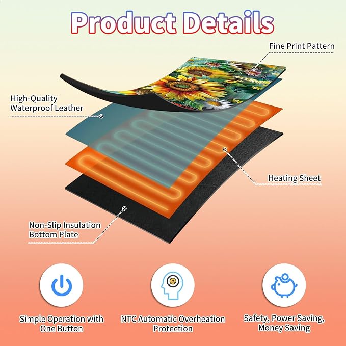 Heated Desk Pad Large Mouse Pad 31.5 x 13 inch with 3 Levels Heating & Auto Shut-Off Warm Mouse pad PU Leather Computer Mousepad for Home Office Work - Flower Butterflies