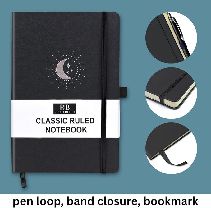 RICCO BELLO Lined Journal Notebook, Black Moon & Stars | Faux Leather Hardcover, With Pen Holder, 96 Sheets / 192 Pages, College Ruled, 5.7 x 8.4 Inches
