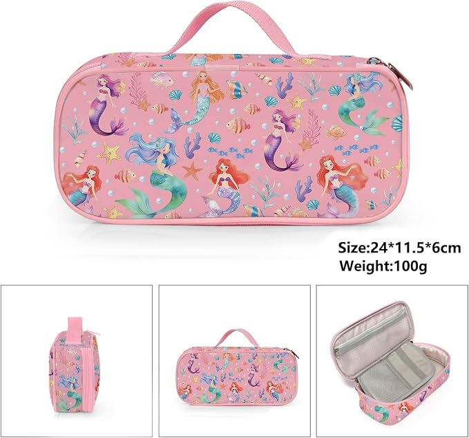 Mermaid Pencil Bag for Girls, Large Capacity Pink Kids Pencil Case with Zipper Compartments, Portable Pen Pouch Bag for Office School Travel
