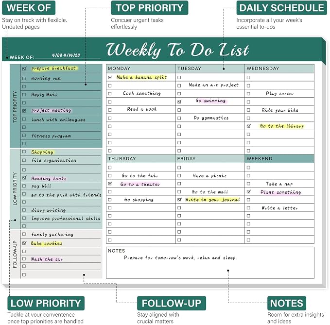 Weekly To Do List Notepad - 52 Undated Glue Bound Tear-Off Sheets (8.5"x11") for Desk Planning | Home, Work & School Organization Pad for Women & Men