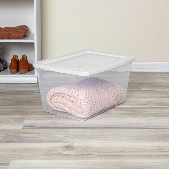 Sterilite Clear Storage Box Stackable Tote, 58 Quart, 6-Pack | Clear Plastic Container with Secure Snapping Lids for Home and Office Organization, White