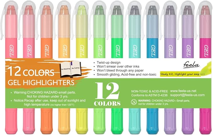 feela 12 Colors Bible Gel Highlighters, Gel Highlighter Markers Study Kit, Good For Highlighting Journal School Office