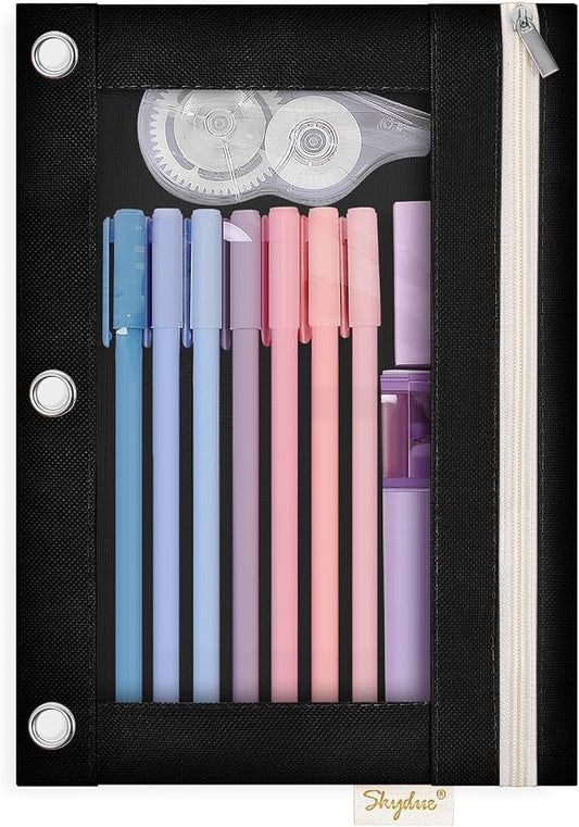 SKYDUE Pencil Pouch for 3 Ring Binder, Zipper Pencil Pouches for Girls Boys, Clear Window Pencil Bag, 3 Ring Pencil Pouch Case for Binder, Durable Organizer for School Supplies