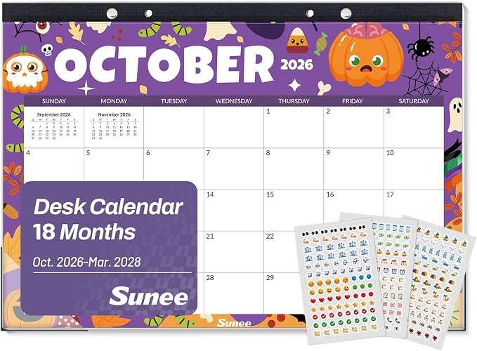 SUNEE Desk Calendar 2027 - 17" x 12" Desk Pad Calendar, 18-Month Monthly Planner Oct. 2026 - Mar. 2028, Desktop Calendar with 308 Planner Stickers, Plastic Protective Corners for Office, School and Home, Seasons Color