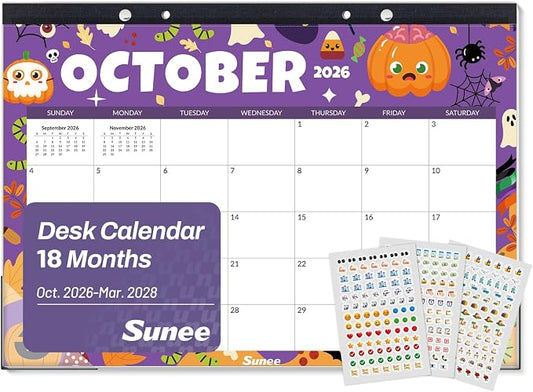 SUNEE Desk Calendar 2027 - 17" x 12" Desk Pad Calendar, 18-Month Monthly Planner Oct. 2026 - Mar. 2028, Desktop Calendar with 308 Planner Stickers, Plastic Protective Corners for Office, School and Home, Seasons Color