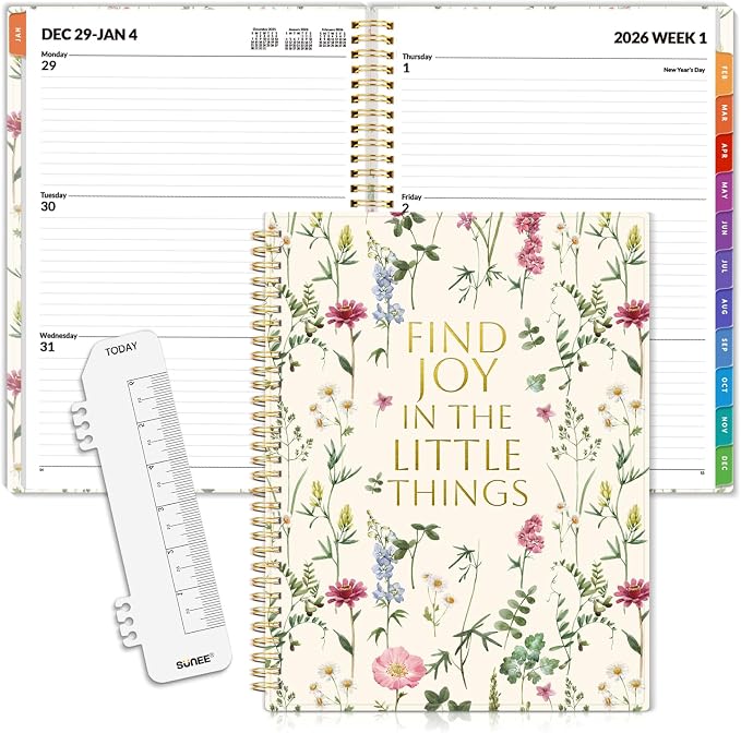 SUNEE 2026 Weekly and Monthly Planner - from January 2026 - December 2026, Daily Agenda Planner with Monthly Tab, Flexible Cover, Note Pages, Pockets, Bookmark, Spiral Binding, Wildflowers, 8.5"x11"