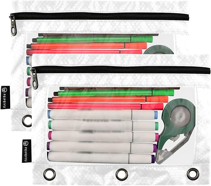 Gredecor Binder Pencil Pouch 3 Ring White Zipper Pencil Pouches Case 2 Pack Clear Binder Organizer for School Office