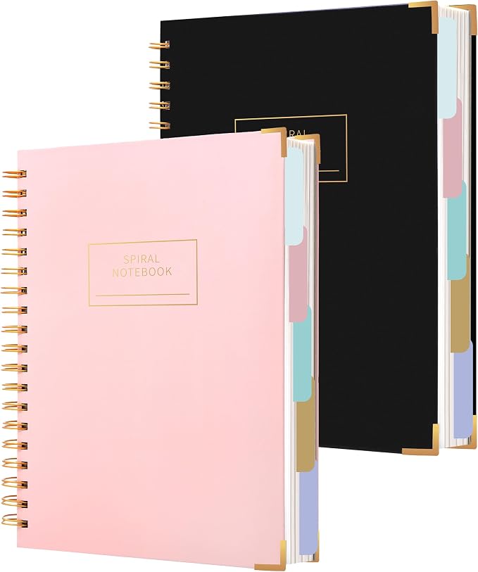 Yoment 2 Pack 5 Subject Notebook College Ruled, Hardcover Spiral Notebooks for Work School, B5 Multi Subject Notebook with Tabs Dividers, 240 Pages Lined Journal for Women Men, Pink&Black