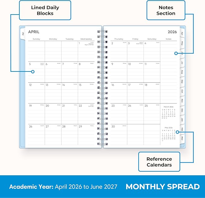 Blue Sky 2026-2027 Weekly & Monthly Academic Planner, 5"x8", Blues | 15-Month April 2026 - June 2027, Flexible Cover With Storage Pockets, Wirebound, Storage Pocket, Academic Year