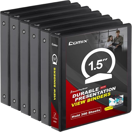 COMIX Sturdy 3 Ring Binder 1.5 inch with Clear View Cover, 1-1/2" Round Ring View Binder, PVC-Free, 2.4mm-Thick, 300 Sheets Capacity of US Letter Size Paper, Office ＆ School Supplies, 6 Pack (Black)