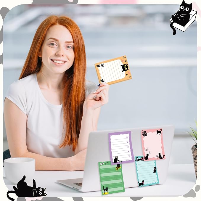Chiisong 12 Pads Black Cat Sticky Notes 3x4 Inch Cat Notepad Cute Self Stick Notepads Funny Adhesive Memo Pad Office Decor Gifts for Animal Lover Gift Meeting Office Christmas Supplies