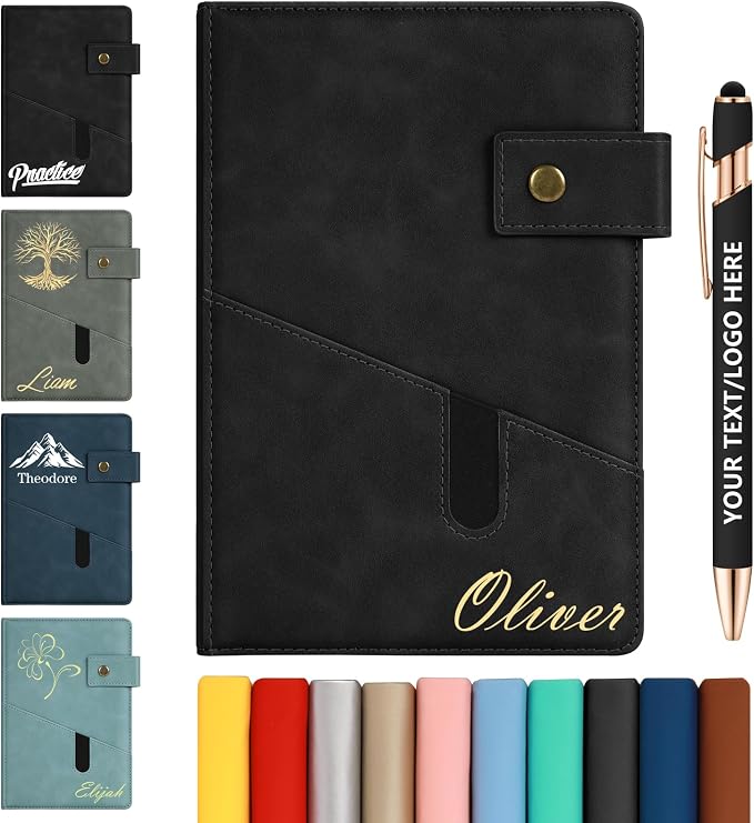 ENOMY Personalized Notebook & 10 PC Pens Set A5 Notebook with Ribbon Bookmark PU Leather Custom Notebook Cover for College Graduation Birthday Business Gifts, Black