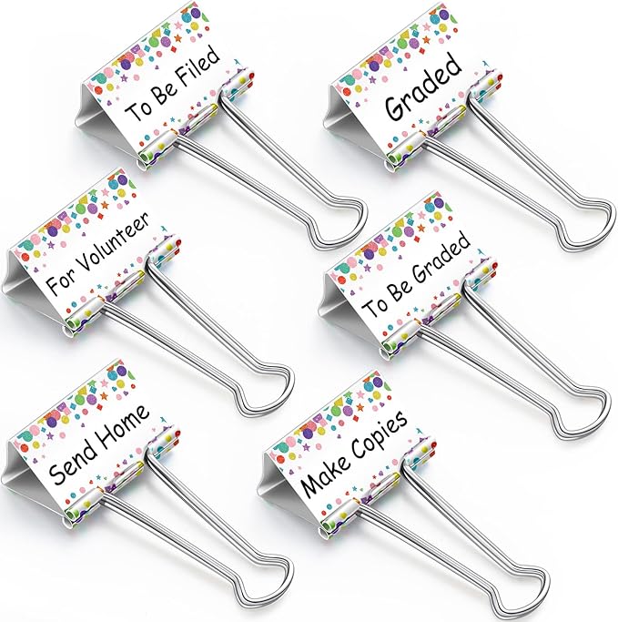Tenare 6 Pack 2 Inch Teacher Binder Clips, Classroom Paper Organizer | Includes To Be Graded, Make Copies, Graded, Send Home, For Volunteer and To Be Filed for Classroom Management Paper Sorting
